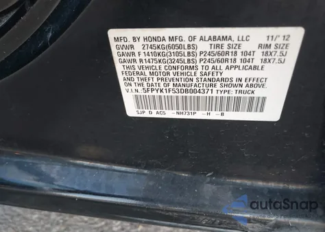 2013 Honda Ridgeline Rtl from USA, damaged, VIN 5FPYK1F53DB004371